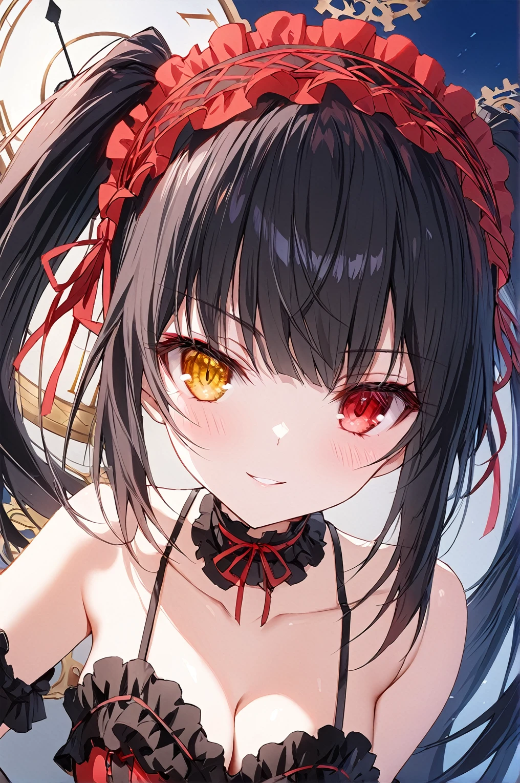 1girl,portrait,eye focus,seductive smile,tokisakikurumi,twintails,breasts,long_hair,black_hair,yellow_eyes,red_eyes,heterochromia,((clock_eyes)),looking_at_viewer,cleavage,medium_breasts,hairband,lolita_fashion,lolita_hairband,floating_hair,collarbone,choker,ribbon,bare_shoulders,red_ribbon, dress,masterpiece,best quality,detailed beautiful eye