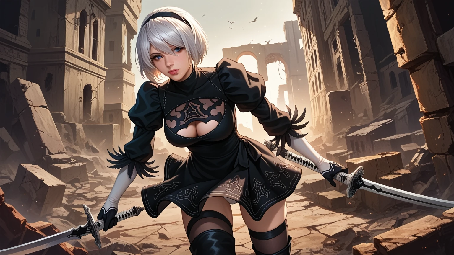 score_9, score_8_up, score_7_up,source_photo,
realistic, bright colors, high contrast, vivid lighting,
a mature adult woman draw inspiration from 2B_\(nier:automata\), 
detailed face, beautiful face, face in sharp focus,  
anatomically correct body, perfect hands, perfect fingers, 
bob cut, silver hair, black hairband, 
2B skirt, nier dress, cleavage cutout, skirt, thigh highs under boots, long sword,
dark background, city ruins, 

