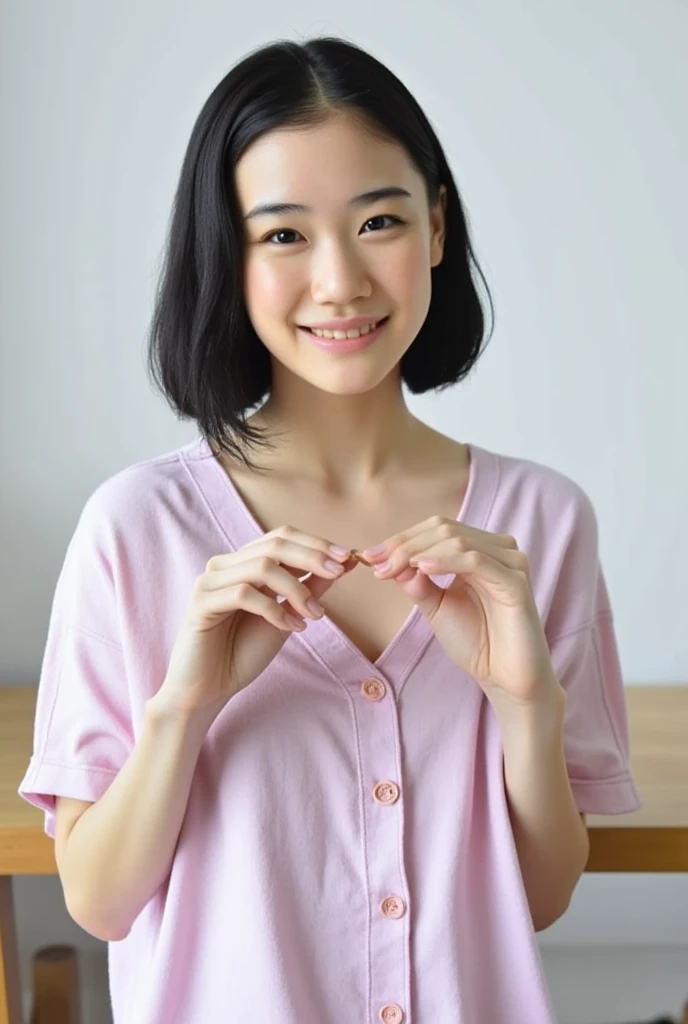 Only one woman with a cute smile is in a pose wearing off-shoulder pajamas, making a firm big heart shape with both hands, and holding them in front of her chest, View above collarbone、The background is a monotone 

