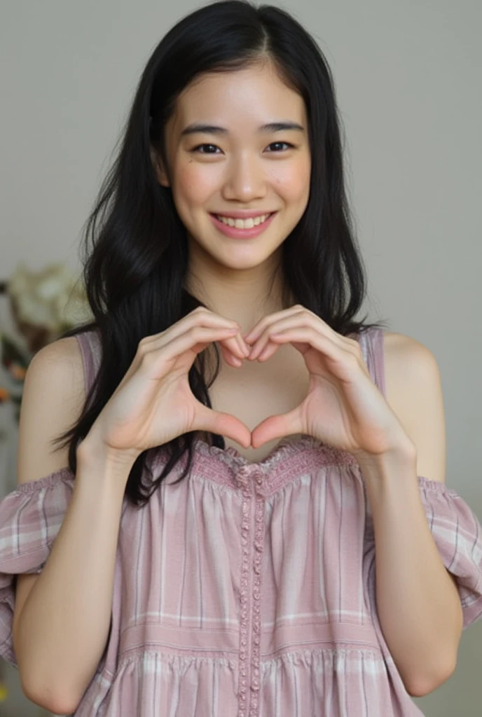 Only one woman with a cute smile is in a pose wearing off-shoulder pajamas, making a firm big heart shape with both hands, and holding them in front of her chest, View above collarbone、The background is a monotone 

