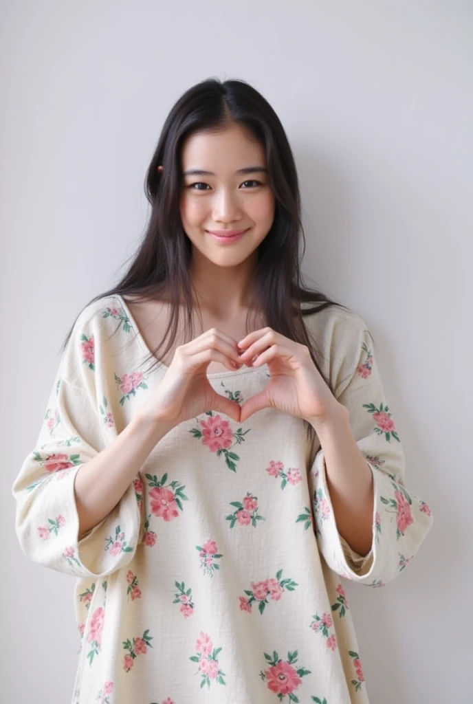 Only one woman with a cute smile is in a pose wearing off-shoulder pajamas, making a firm big heart shape with both hands, and holding them in front of her chest, View above collarbone、The background is a monotone 

