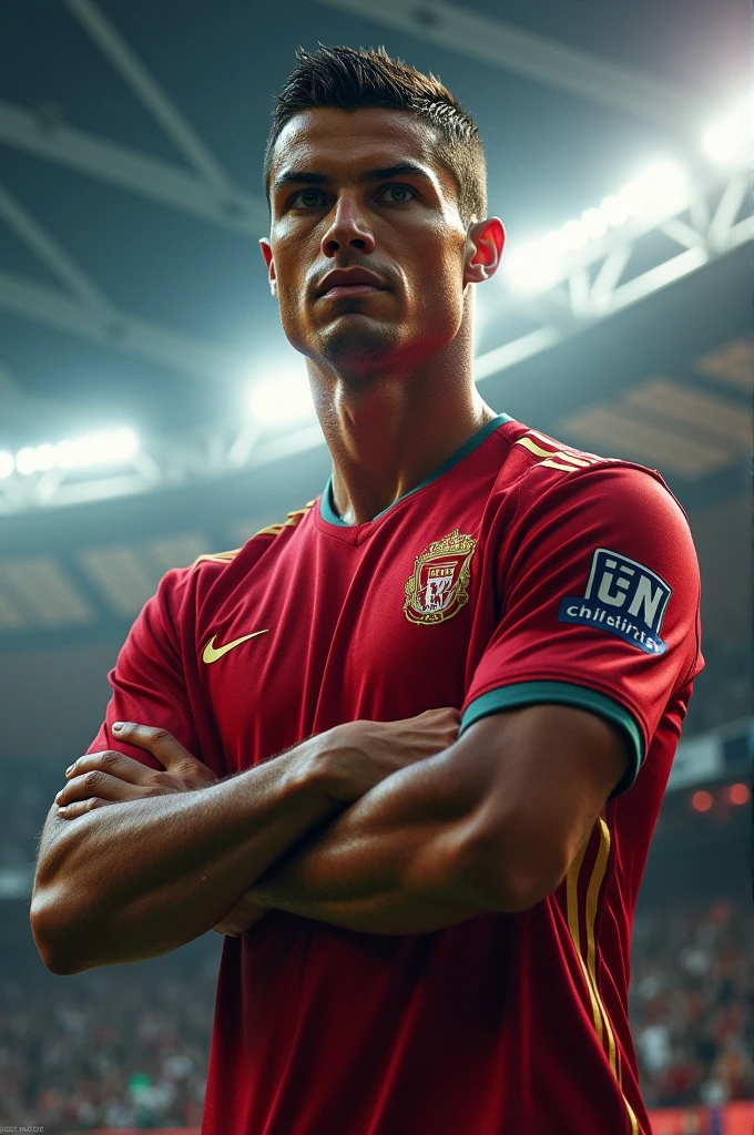 Create an image of Cristiano Ronaldo wearing a Flamengo shirt ((realistic and high quality))