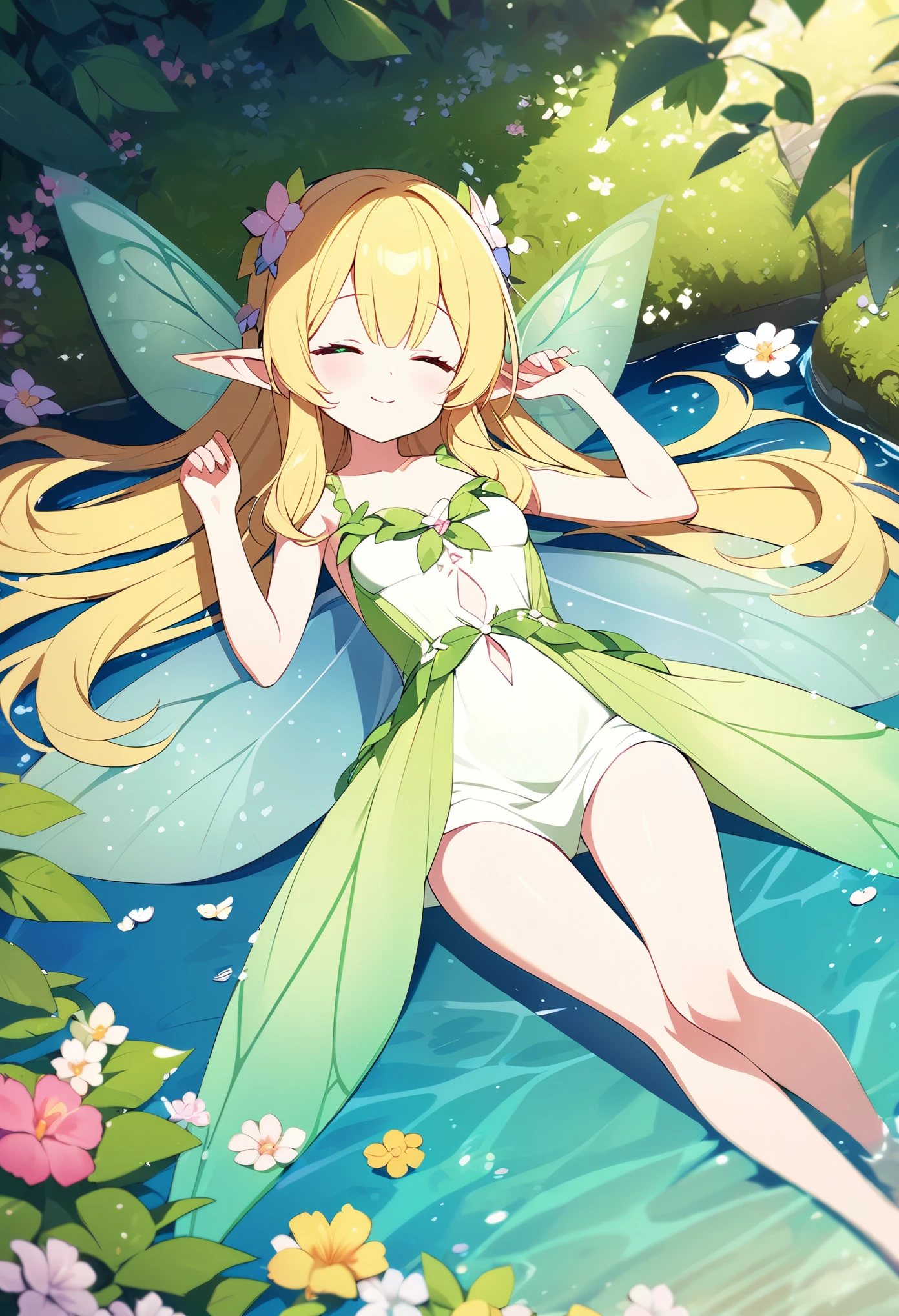 masterpiece、One 、 very cute、 very small breasts 、Slender body、Thin legs、Deep green eyes 、Bright yellow long hair、Elf Ears、 Fairy Wings、Lush forest、 colorful flowers floating by the water、 Innocent smiling girl 、Fairy Dress、Lie on your back、Asleep、Cute sleeping face