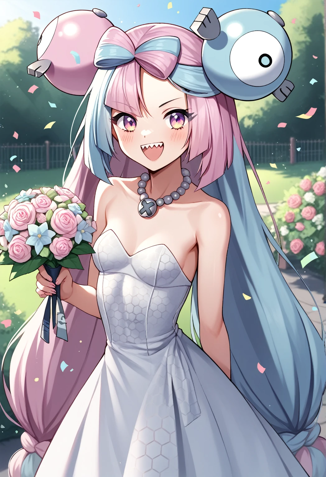 BREAK Those_Anime-Series, (pokemon iono, blue hair, bow-shaped hair, character hair ornament, hair ornament, long hair, low-tied long hair, multicolored hair, pink hair, sharp teeth, split-color hair, twintails, two-tone hair, pink eyes, , small breasts,  garden, wedding dress, necklace, smile, open mouth, bouquet, confetti, cowboy shot, standing,