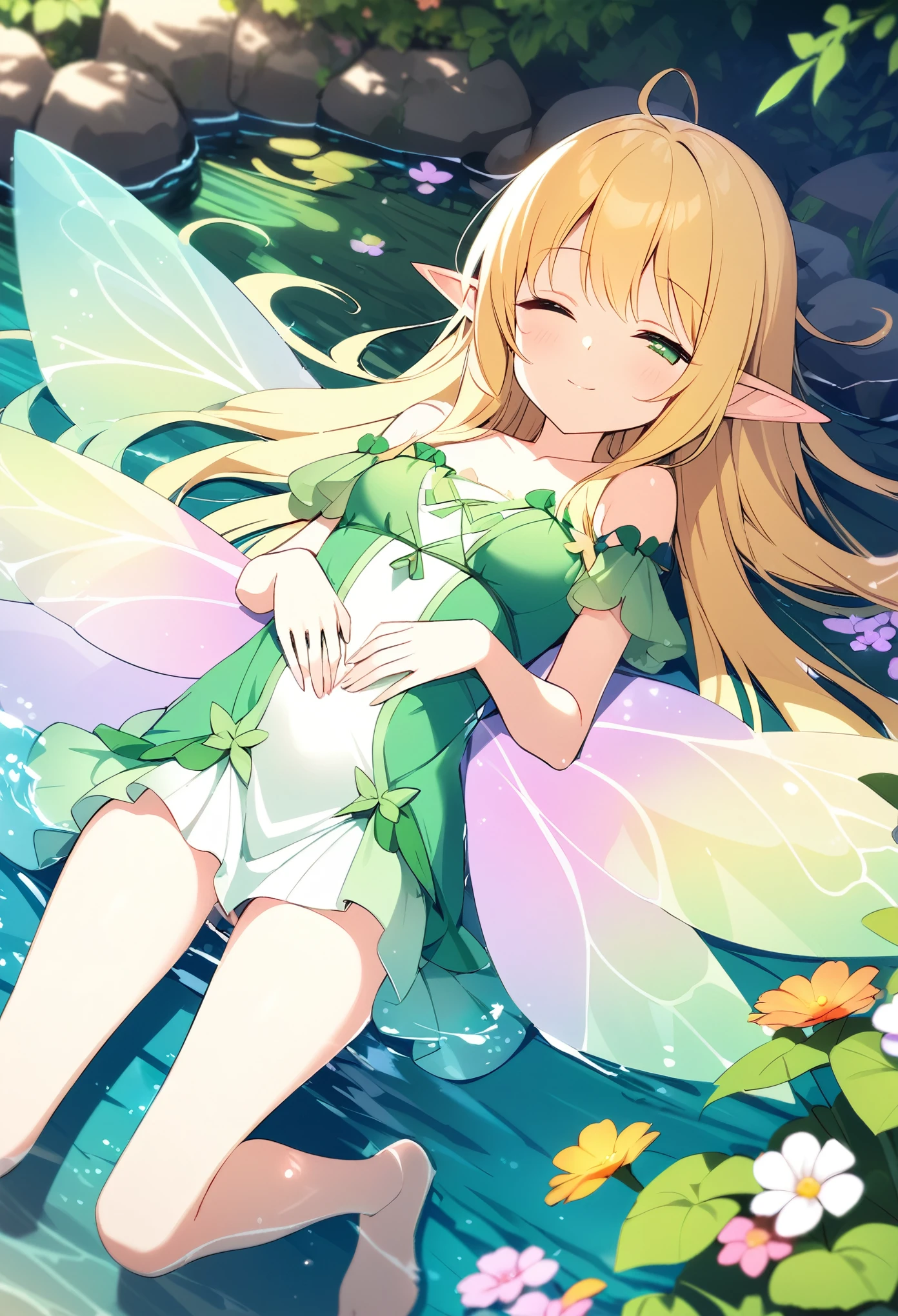 masterpiece、One 、 very cute、 very small breasts 、Slender body、Thin legs、Deep green eyes 、Bright yellow long hair、Elf Ears、 Fairy Wings、Lush forest、 colorful flowers floating by the water、 Innocent smiling girl 、Fairy Dress、Lie on your back、Asleep、Cute sleeping face