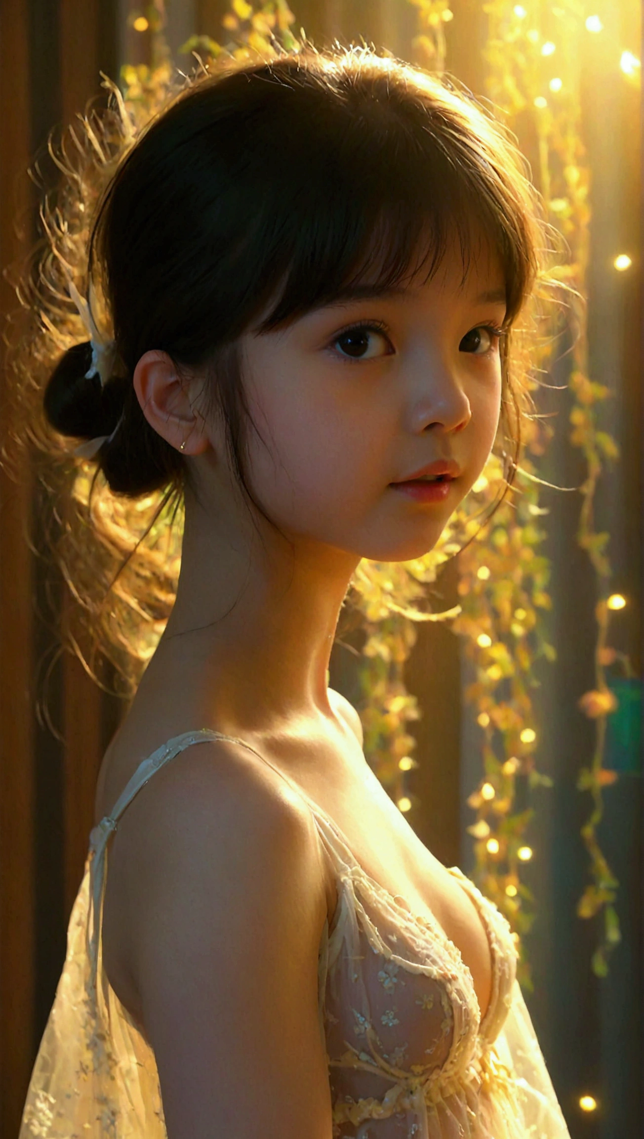 Masterpiece, UHD, 8K, most beautiful asian girl in the world, cute girl, age 9, ((very flat chest:1.4)), pale skin, juvenile-girl physique, elementary_school-girl physique, charming girl, sheer fabric attire, sheer fabric, translucent clothes, standing, from below, act very pretty, show off her sensitive-part, flawless, anatomically correct