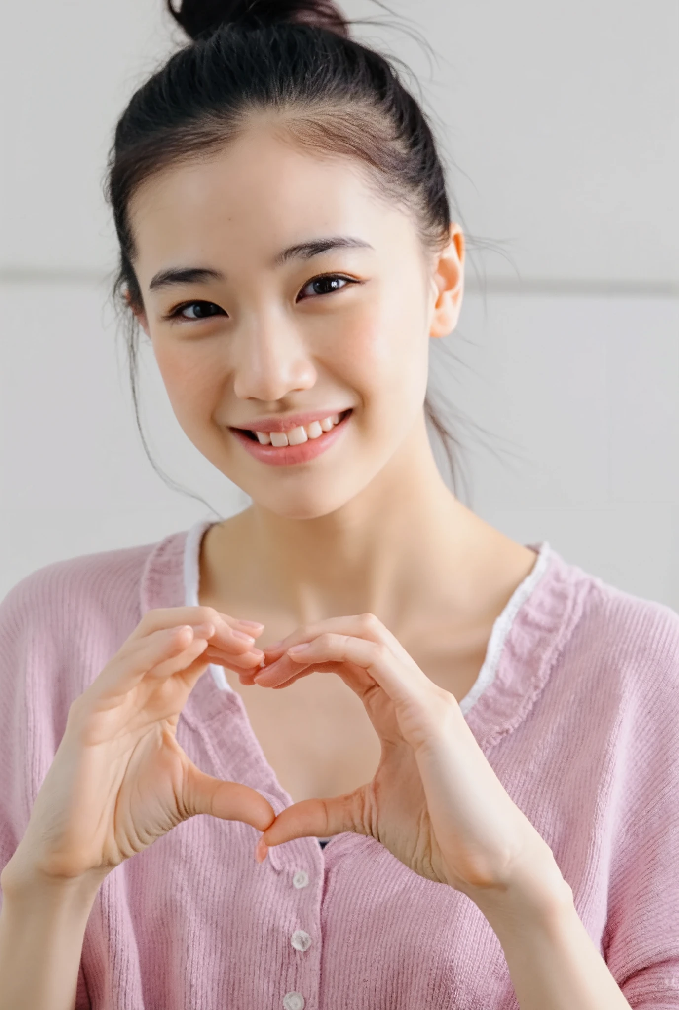 Only one woman with a cute smile is in a pose wearing off-shoulder pajamas, making a firm big heart shape with both hands, and holding them in front of her chest, View above collarbone、The background is a monotone 

