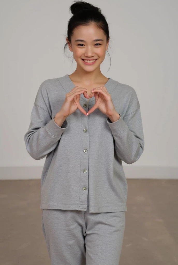 Only one woman with a cute smile is in a pose wearing off-shoulder pajamas, making a firm big heart shape with both hands, and holding them in front of her chest, View above collarbone、The background is a monotone 

