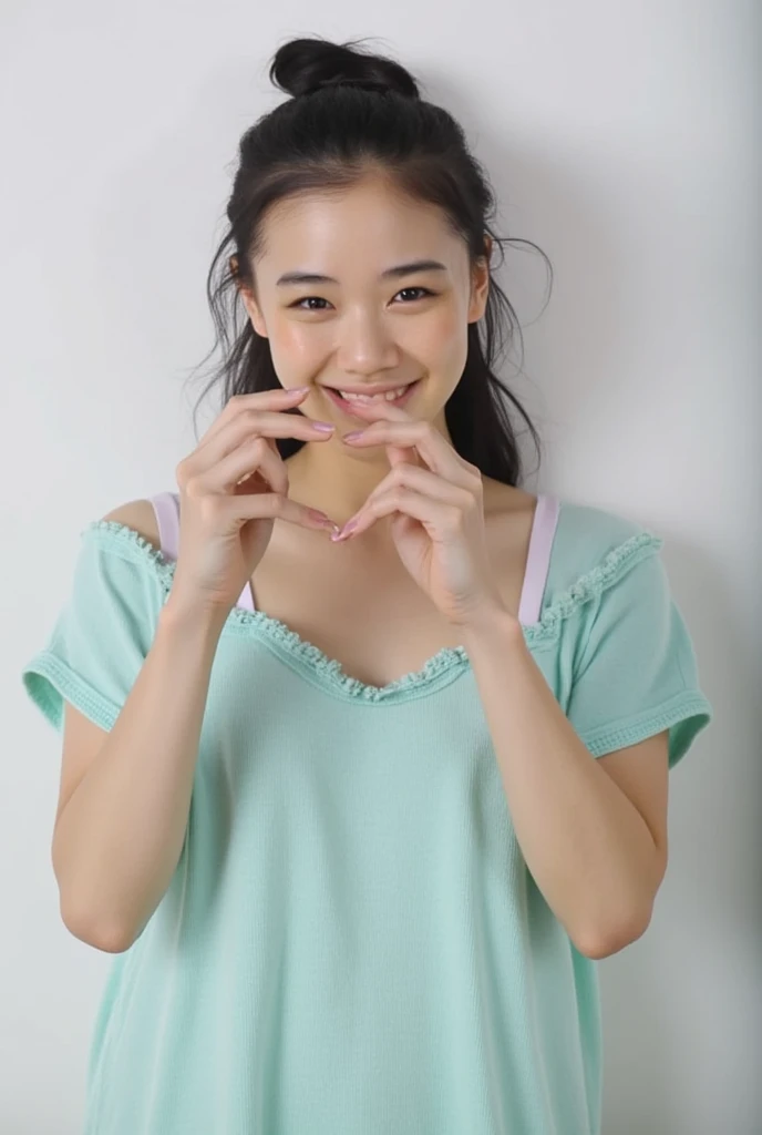 Only one woman with a cute smile is in a pose wearing off-shoulder pajamas, making a firm big heart shape with both hands, and holding them in front of her chest, View above collarbone、The background is a monotone 

