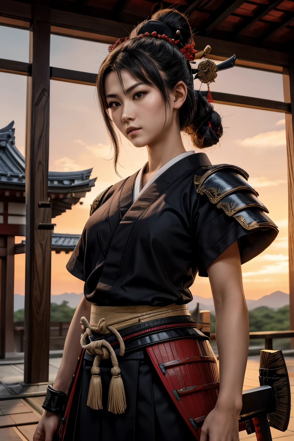 "Create a high-quality T-shirt design featuring a 15th-century Japanese samurai, inspired by the expert works of Katsushika Hokusai and Utagawa Kuniyoshi. The samurai should be highlighted against a black glossy gradient flat background, donning black armor with intricate red details, and wielding a highly sharp, perfectly textured katana. Use vivid colors to capture a breathtaking sunset scene, with beer trees and an ancient Japanese temple in the backdrop. Ensure best quality, high quality, perfect anatomy, and perfect details throughout the design, with dramatic lighting and shading to enhance the samurai's formidable presence. Include a subtle, complementary border to frame the artwork."