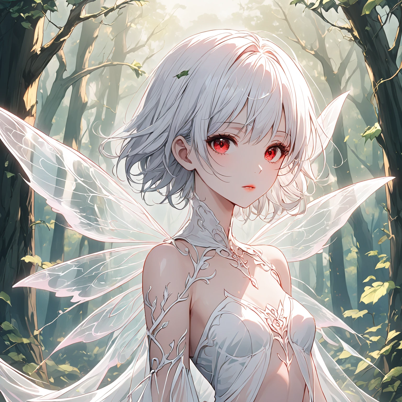 1man, (red eyes), ((short white hair)), (bare-chested with ethereal vines around arms and torso), (white and red translucent fairy wings with intricate vein details, faint glowing aura, surrounded by a misty forest background with soft, magical lighting)