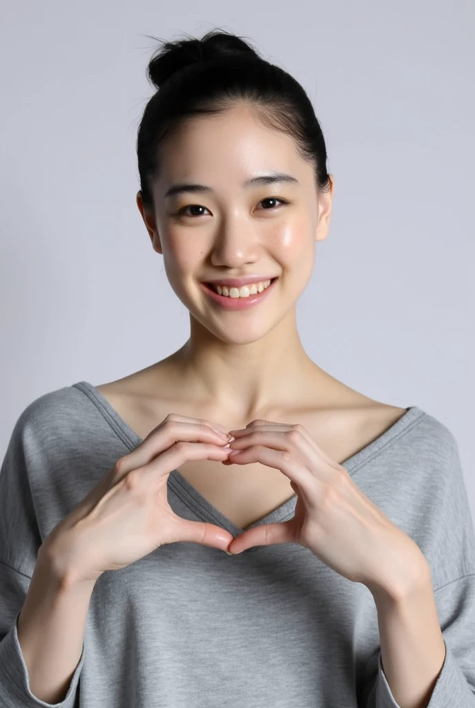 Only one woman with a cute smile is in a pose wearing off-shoulder pajamas, making a firm big heart shape with both hands, and holding them in front of her chest, View above collarbone、The background is a monotone 

