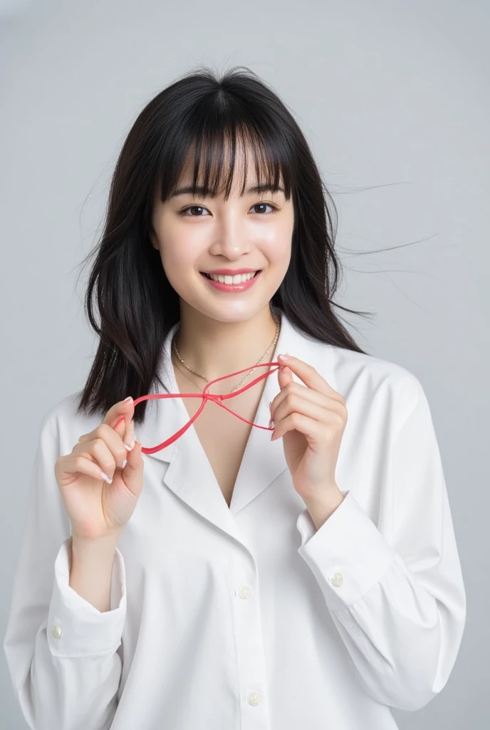 Only one woman with a cute smile is in a pose wearing off-shoulder pajamas, making a firm big heart shape with both hands, and holding them in front of her chest, View above collarbone、The background is a monotone 

