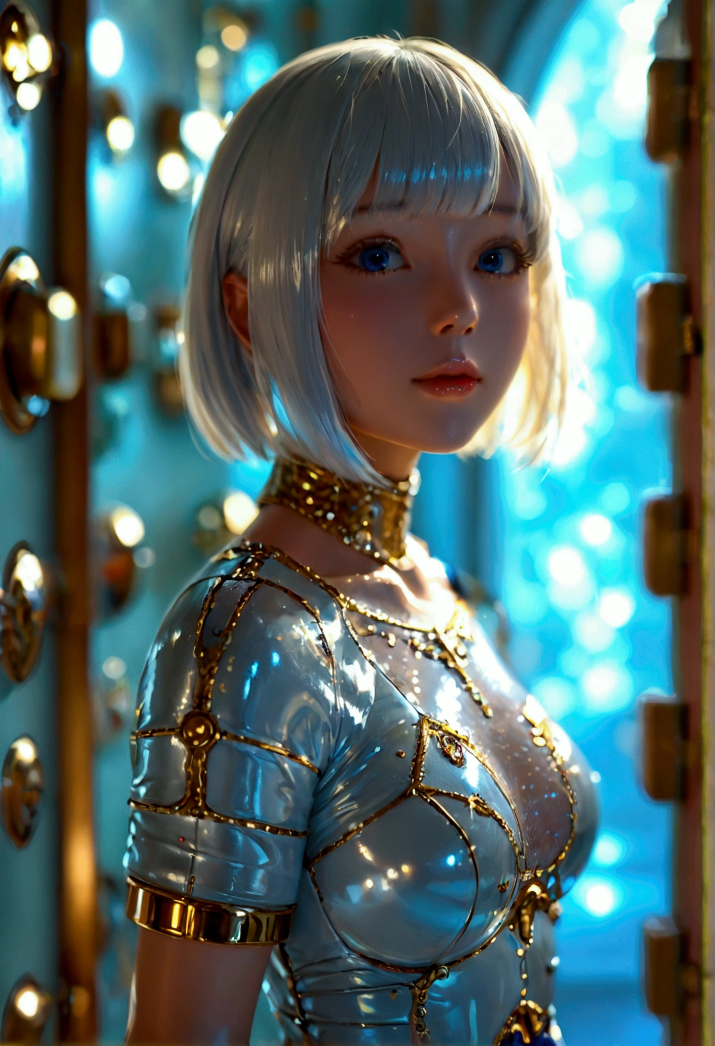 (shiny skin girl:1.1),(beautiful face:1.3),(gigantic boobs:1.4) ,(white short tight shirts with blue lines:1.4) (shiny gold medium hair:1.3),(countless small black doors all over the world:1.4),(bangs:1.3),(metallic blue skirt:1.4)