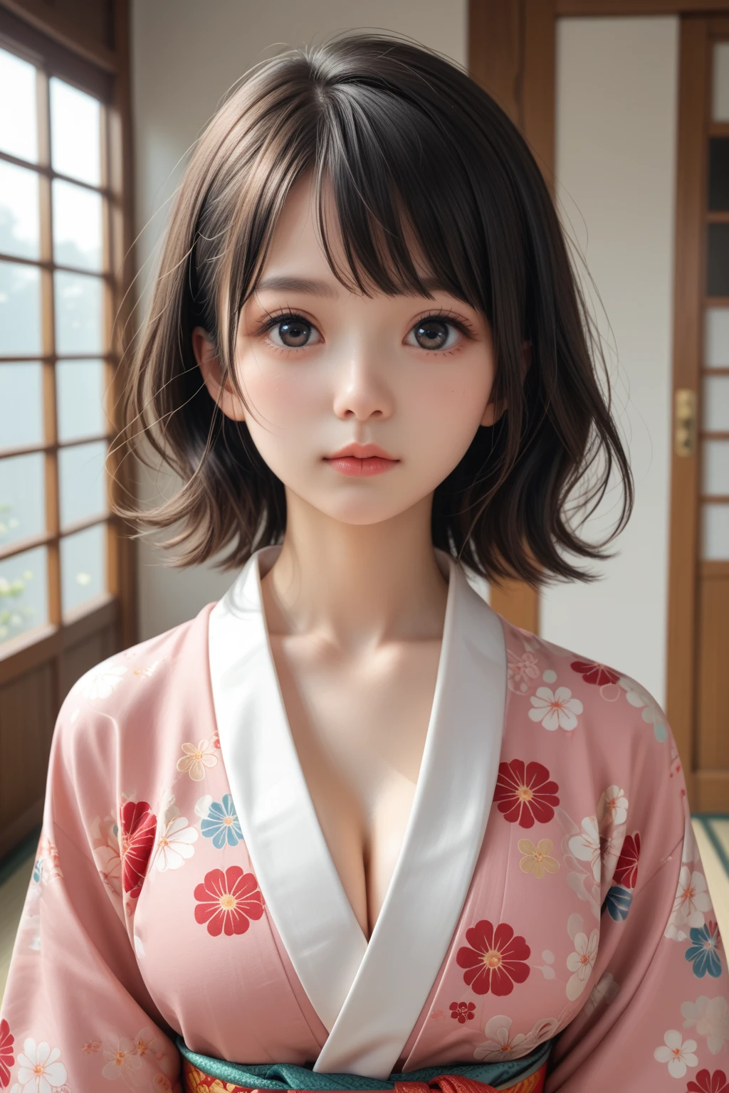 score_9,score_8_up,score_7_up,BREAK, rating_safe,source_real,one girl,tiny,small face,narrow chin,detailed face,idol eyes,big eyes,black eyes,beautiful iris,kimono,japanese nose,no make up,looking at viewer,medium breasts,small mouth,indoors