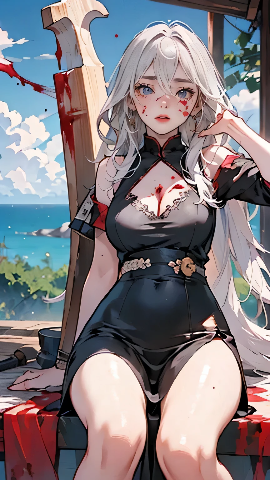 (Best Quality, high definition,Super detailed:1.2), woman with a giant axe stained with blood, Messy hairstyle, Long Hair, woman with dyed gray hair , 28 years old, Woman with , white lace on the hem ., Charming, Charming, beautiful, sea of blood at her feet , ((There was blood on his face.:1.3))