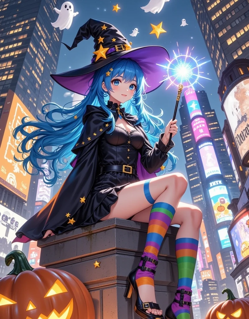 ((Vision))，((Full body photo))，Anime style, Halloween night, a girl wearing a black cloak and a playful witch hat decorated with stars and moons, holding a glowing magic wand, colorful knee-high socks, her blue hair flowing in the wind, sitting atop a building in Times Square, New York. Surrounded by pumpkins and floating ghosts, surreal elements blend seamlessly with the modern cityscape, creating a strong visual impact and captivating attention. Looking up, smooth and detailed, octane render, ultra detailed, 8k, illustration