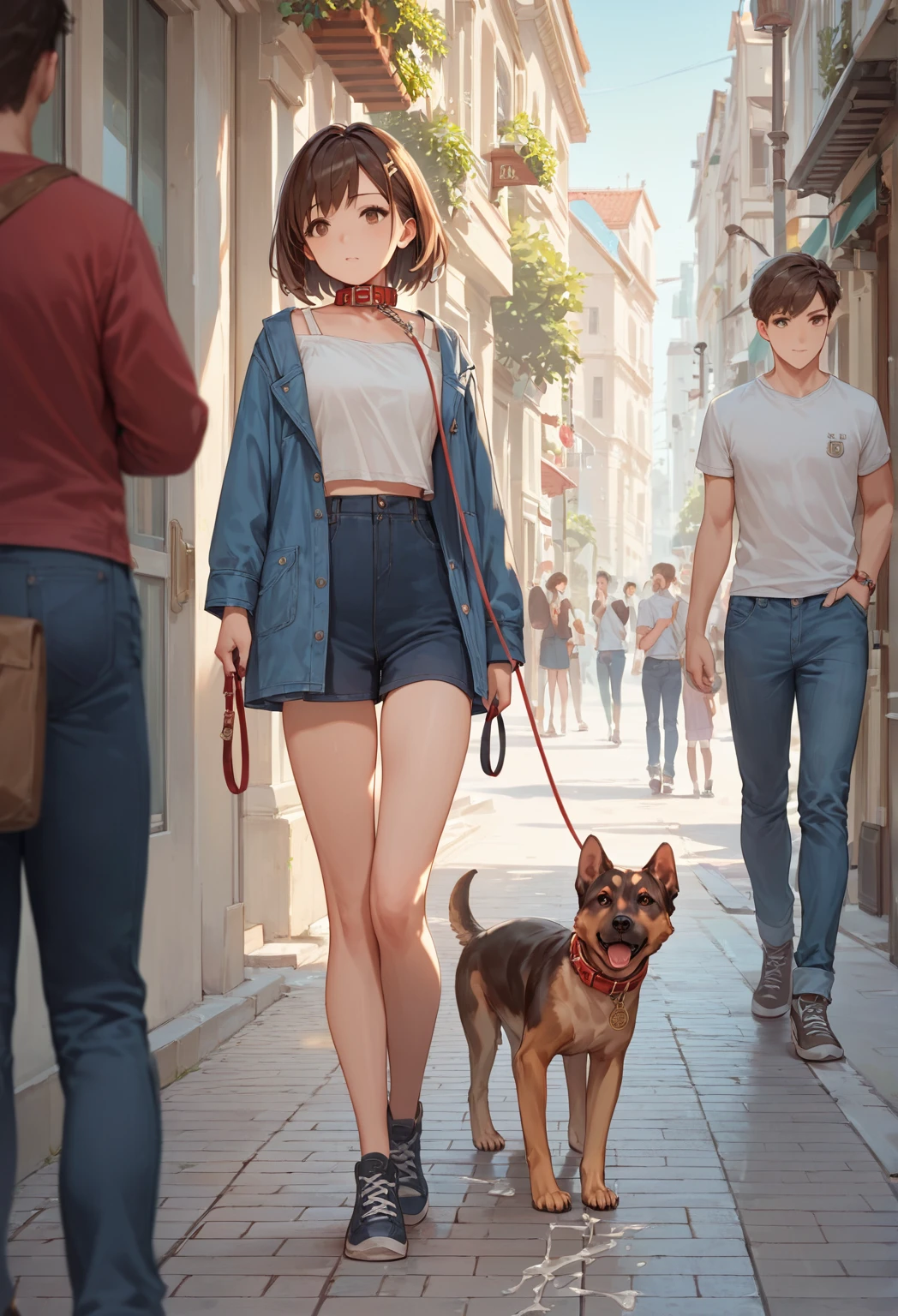 score_9, score_8_up, score_7_up,source_anime, high res image,masterpiece,best quality,girl,cute face,clear skin,simple_background,  anal, , cum inside,  slave collar, leash, body on the floor, walking like a dog, in the street, people watching, brown hair, brown eyes