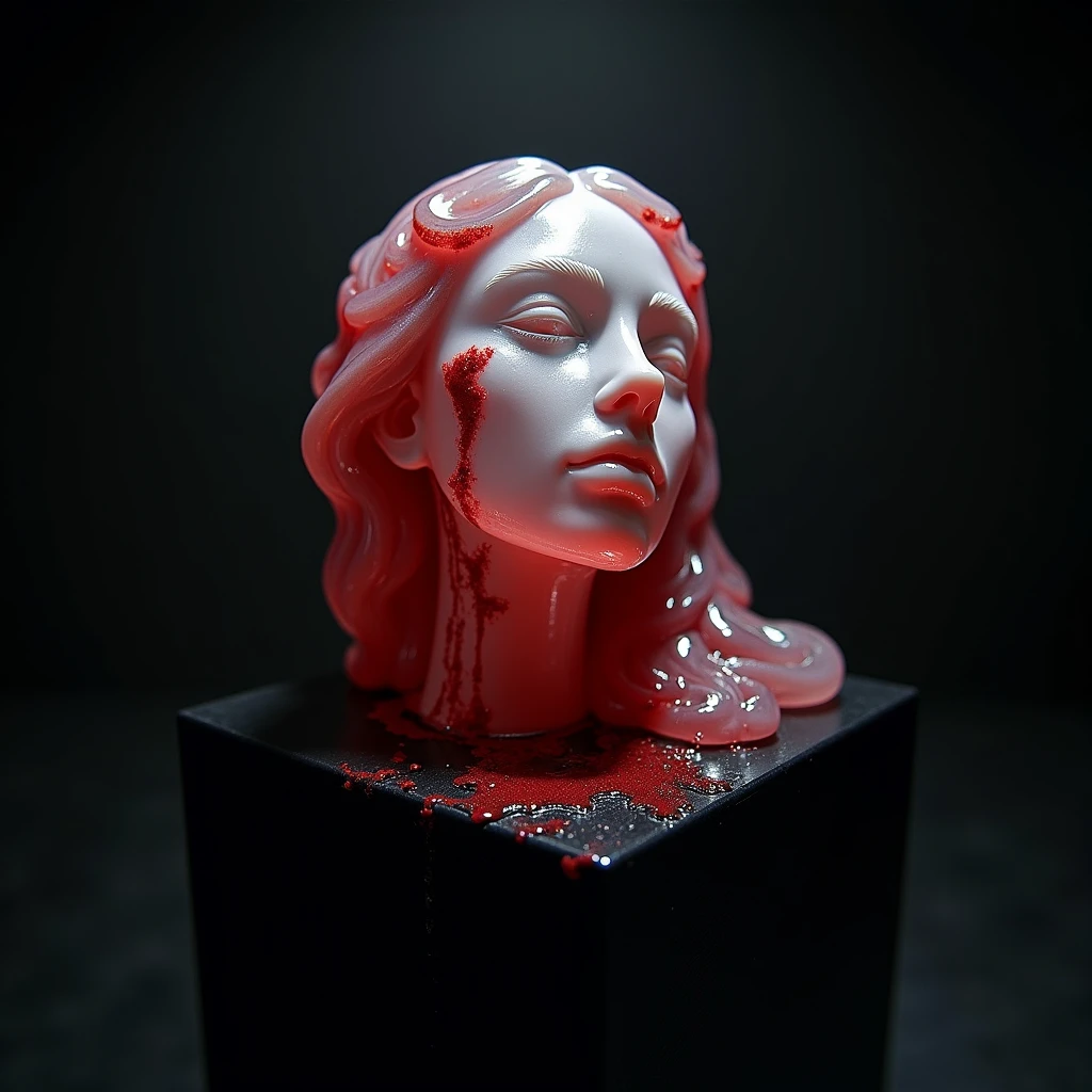 A close-up photography of a statue made of a transparent gemstone crystal of a female face on top of a black cube, fishy-eye photo effect, dark low light, dark background, slpashes of dark red wet painting on the statues face and everywhere, artistic feeling