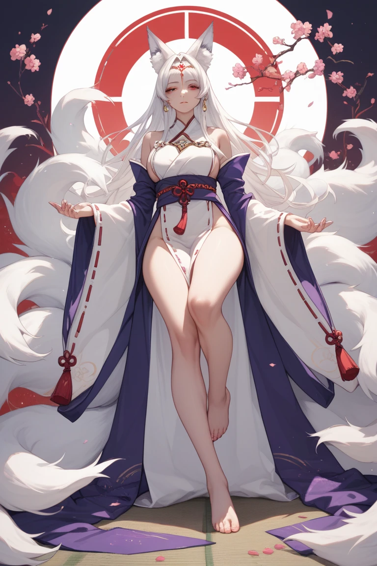 female, oni, fleshy horns, skin horns, luxurious kimono, white hair, long hair, large breasts, cleavage, red eyes, kanabo, forest, japanese shrine, straight hair, pointed ears, smile, huge female, very tall female, tiny waist, broad shoulders