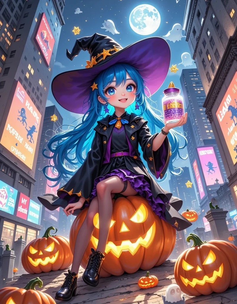 Halloween Night，（ cute sitting on a pumpkin ， is holding a sparkling glass sugar jar in his hand， blue hair and witch hat ，Full body portrait， bright moonlight at night ， surrounding city buildings ， simple background ，colorful lights ），（pixel style），Food sculptures ，Unique shape，Colorful，Bright colors， Standing on a high-end transparent jade plate ， A spooky cemetery ，Detailed depiction， Advanced filters ， octane rendering ， High Saturation Color ， Ethereal and weird background ，Cover Art， Gorgeous Pixel Art ， Magical fantasy art ，Halloween elements