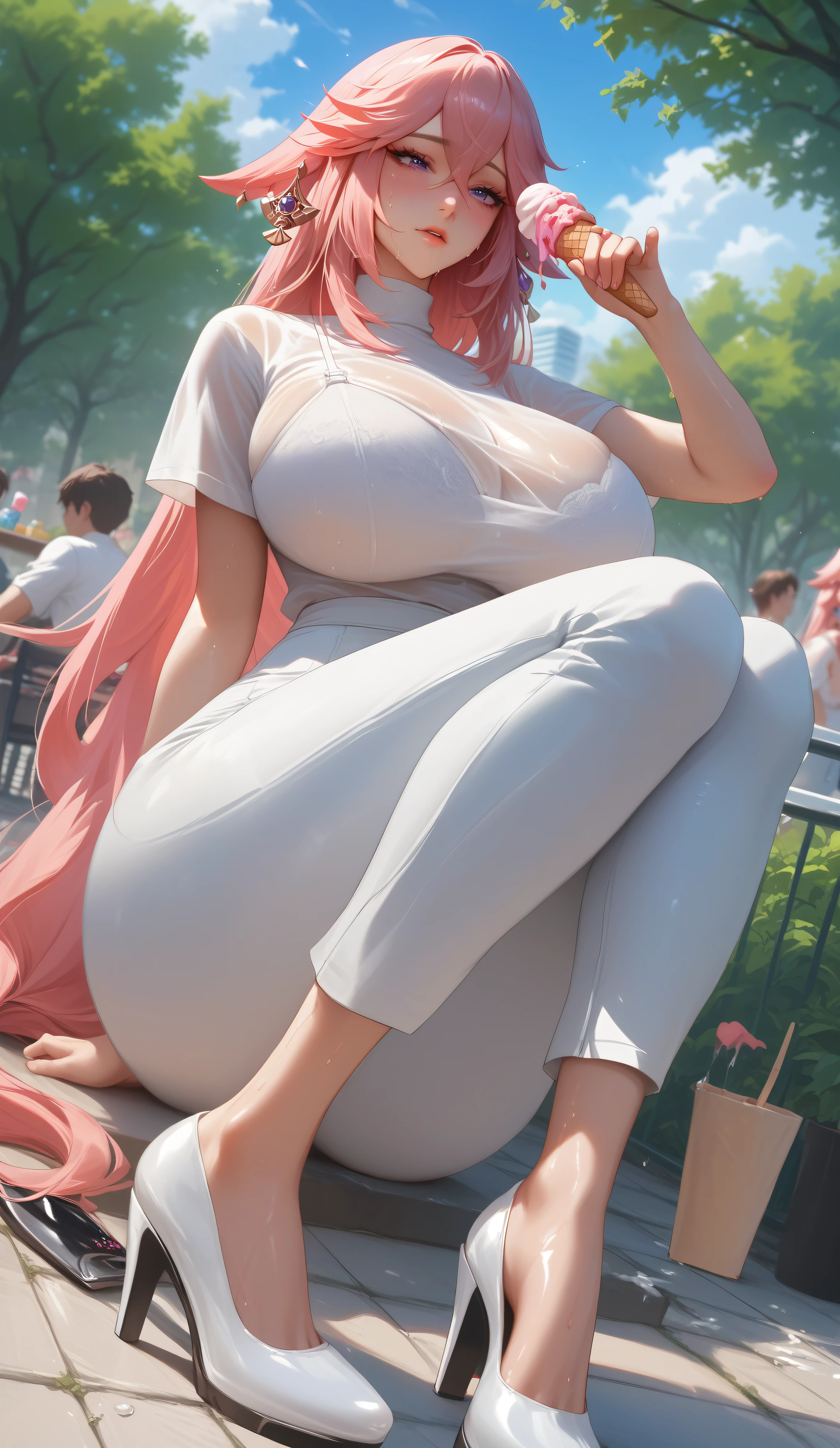 horizontal image from below, bachong, thin, thin legs, huge breasts, white bra visible through Shirt, shirt, sitting in a park, detailing the body, suffering face, high-rise building, shiny skins, white pants, platform shoe high heels, suffering from heat, sweat, having an ice cream, shiny skin, In the image there is an ice cream on the floor and the arms of a man on the floor,