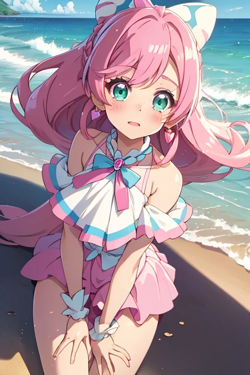 Best Quality, Cure Prism, Pink Hair, At the beach, Lie on your back,  open crotch ,  small breasts, Crying face,  mouth