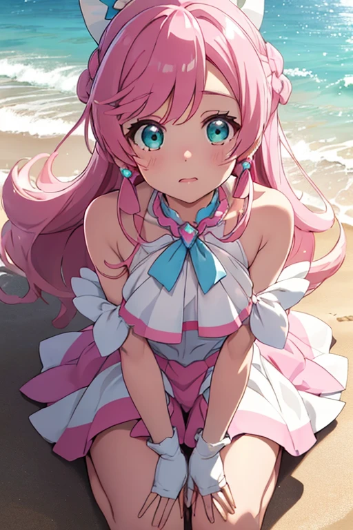 Best Quality, Cure Prism, Pink Hair, At the beach, Lie on your back,  open crotch ,  small breasts, Crying face,  mouth