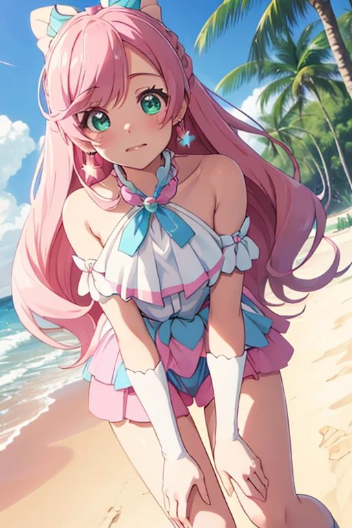 Best Quality, Cure Prism, Pink Hair, At the beach, Lie on your back,  open crotch ,  small breasts, Crying face,  mouth