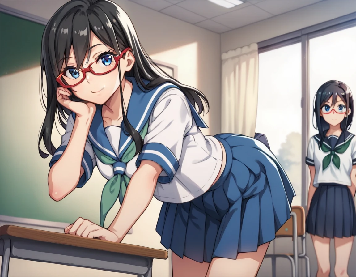 score_9, score_8_up, score_7_up, source_anime,
asukatanaka, asuka tanaka, long hair, black hair, blue eyes, glasses, semi-rimless eyewear, red-framed eyewear, over-rim eyewear, hair between eyes,
skirt, shirt, school uniform, white shirt, short sleeves, pleated skirt, serafuku, sailor collar, blue skirt, neckerchief, blue sailor collar, school bag, green neckerchief, kitauji high school uniform,
indoors, classroom, bent over, smile,
looking at viewer, cowboy shot, dutch angle,