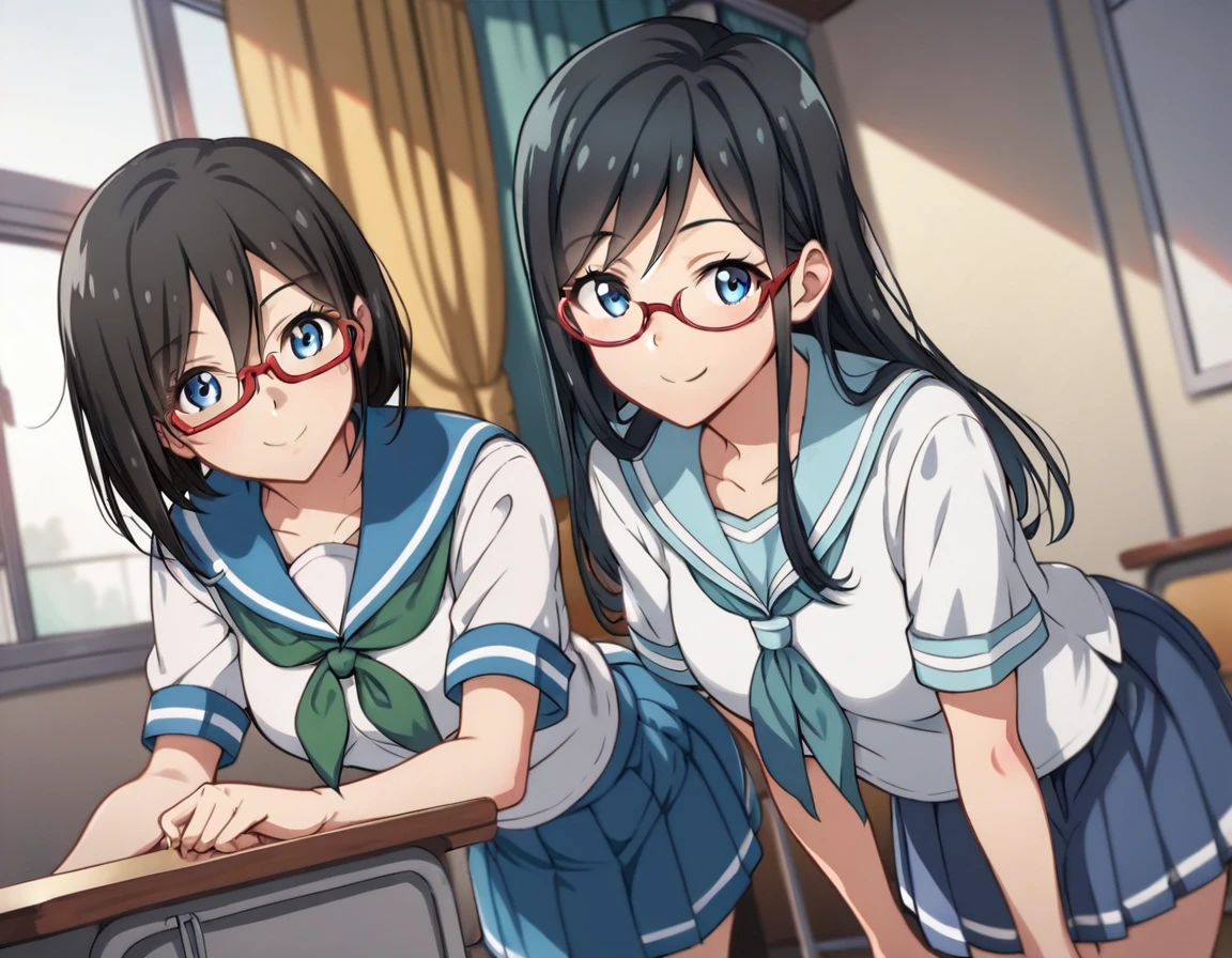 score_9, score_8_up, score_7_up, source_anime,
asukatanaka, asuka tanaka, long hair, black hair, blue eyes, glasses, semi-rimless eyewear, red-framed eyewear, over-rim eyewear, hair between eyes,
skirt, shirt, school uniform, white shirt, short sleeves, pleated skirt, serafuku, sailor collar, blue skirt, neckerchief, blue sailor collar, school bag, green neckerchief, kitauji high school uniform,
indoors, classroom, bent over, smile,
looking at viewer, cowboy shot, dutch angle,