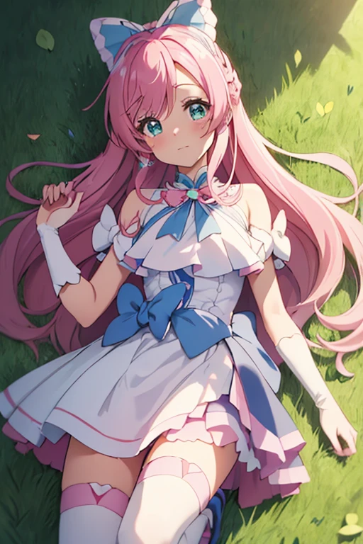 Best Quality, Cure Prism, Pink Hair, On the lawn, Lie on your back,  open crotch ,  small breasts, Crying face,  mouth,  knee socks,  blue ribbon on the waist