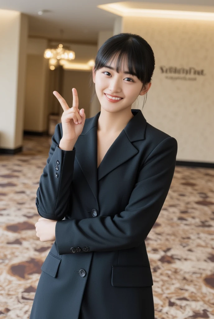 (masterpiece, best quality), 1girl, solo, View viewers, Young Japanese woman, Beautiful woman, Super cute face like an idol, Big eyes with double eyelids, Shiny black hair, Bangs, Medium straight hair, (Woman's business black Suit ,business tight black skirt), Smiling face,
She is standing in a cute pose, (at the stylish Hotel lobby with a sign that says “"Studio NOGISAKA" on wall :1.3),backlighting, 
Real photo,(pointing at something:1.2), with pointing finger,