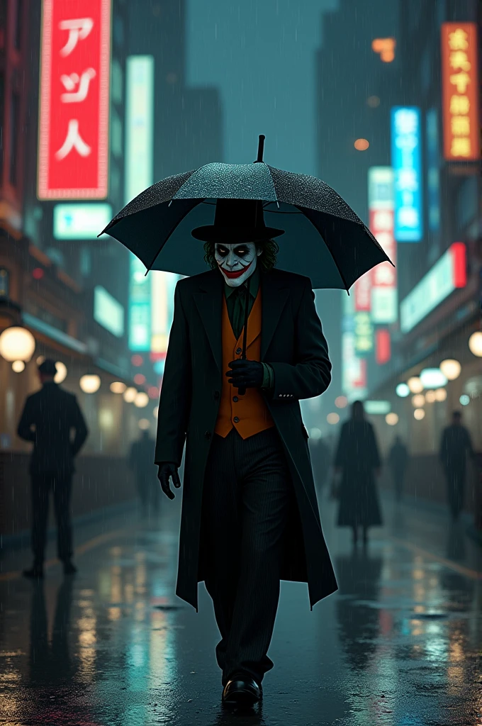 Low angle view, low angle shot, ultra detail photo of the notorious villain, Joker in the dark knight, walking in the street of local market of asian village, Joker in the street market, highly detailed, hyper realistic, octane render, unreal engine, 4k resolution