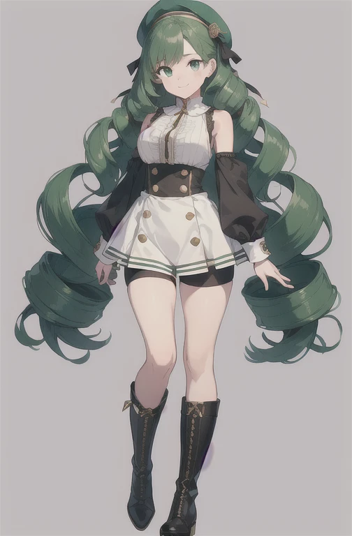 (masterpiece, ultra-detailed, high resolution, best quality:1.2), (anime, simple background, plain background), (1girl, full body, standing posture), ((wave drill hair:1.2), long wavy drill hair that flows down to the waist, green hair), (beret, sleeveless white blouse, bare shoulders, her arms have long false sleeves, puffy cuffs decorated with lace, (over the blouse she wears high-waisted buttoned shorts:1.1), long black boots with gold trim), (cheerful expression, cute smile)