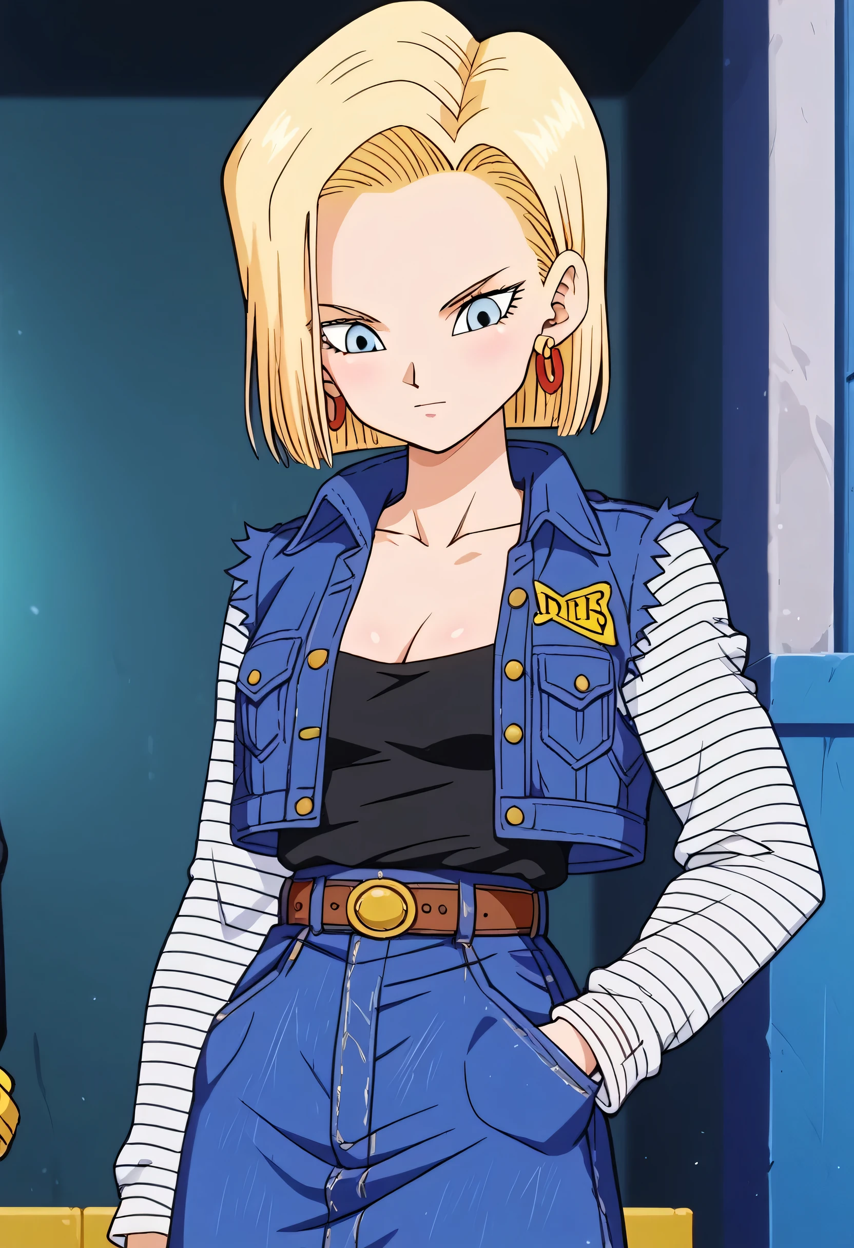 score_9, score_8_up, score_7_up, score_6_up, BREAK, source_anime, rating_explicit, masterpiece, best quality, anime screencap, android 18, blonde hair, blue eyes, eyelashes, hoop earrings, short hair, earrings
belt, black legwear, black shirt, breast pocket, cleavage, collarbone, denim, denim skirt, high-waist skirt, jewelry, long sleeves, pocket, shirt, shirt tucked in, skirt, striped, striped sleeves, waistcoat,