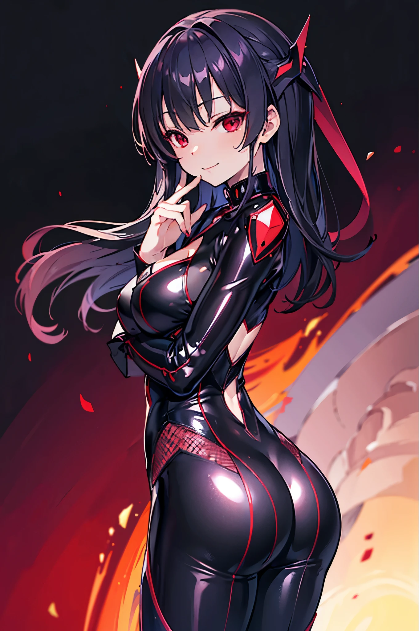 ((masterpiece))、((highest quality))、((Super Resolution))、(Very beautiful and detailed)、Official Art、 virtual youtuber during a call、8k、Very CGI、Game CG、icon、wallpaper、Sharp focus、Written in detail、Very simple background、Smooth anime CG art、Cute Girl Anime Visual、Best Quality Highest quality Draw a face carefully anime style high definition face Super Glowing Skin long black hair Red Eyes black tight suit with red vertical stripes Dark Sakura A seductive smile Rear view Rear view Close up of buttocks
