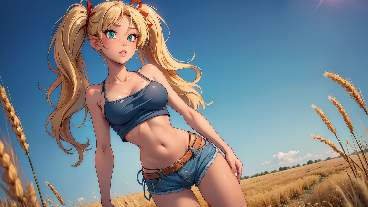 1girl, solo, (masterpiece, best quality, High Detail, 8K), blonde, long wavy hair, twintails with red ribbons in hair, dark tanned skin, extremely sexy, bikini tan, large breasts, Head to hips shot, Full body shot, cowboy shot, skinny, large green eyes, ((thin waist, small hips, long torso)), ((Dean Yeagle Style - Mandy)), wearing cutoff bluejean short-shorts, country girl, standing in a wheat field, farm background, wheat field,