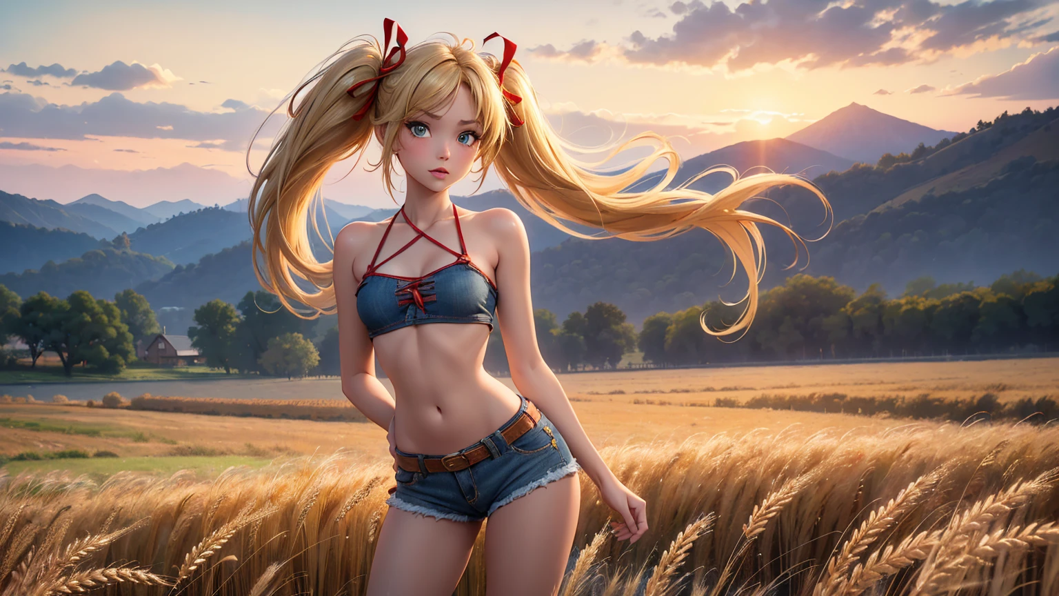 1girl, solo, (masterpiece, best quality, High Detail, 8K), blonde, long wavy hair, twintails with red ribbons in hair, dark tanned skin, extremely sexy, bikini tan, large breasts, Head to hips shot, Full body shot, cowboy shot, skinny, large green eyes, ((thin waist, small hips, long torso)), ((Dean Yeagle Style - Mandy)), wearing cutoff bluejean short-shorts, country girl, standing in a wheat field, farm background, wheat field,