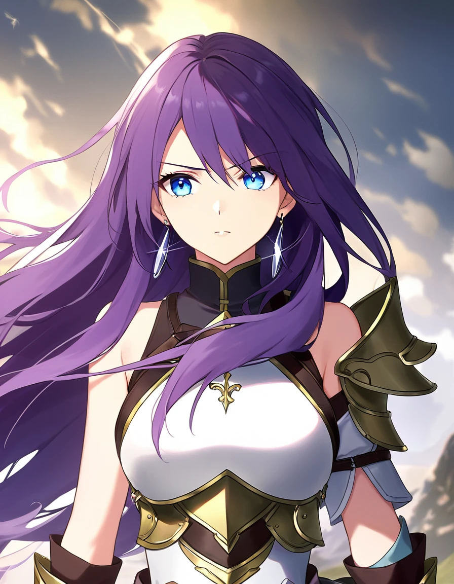  Arthur Pennsylvania、Long Hair、 blue eyes、 hair between eyes、非常にLong Hair、 purple hair、gloves、belt、armor、 garment cutout 、breastplate、Bare shoulders、 earrings for a woman alone、