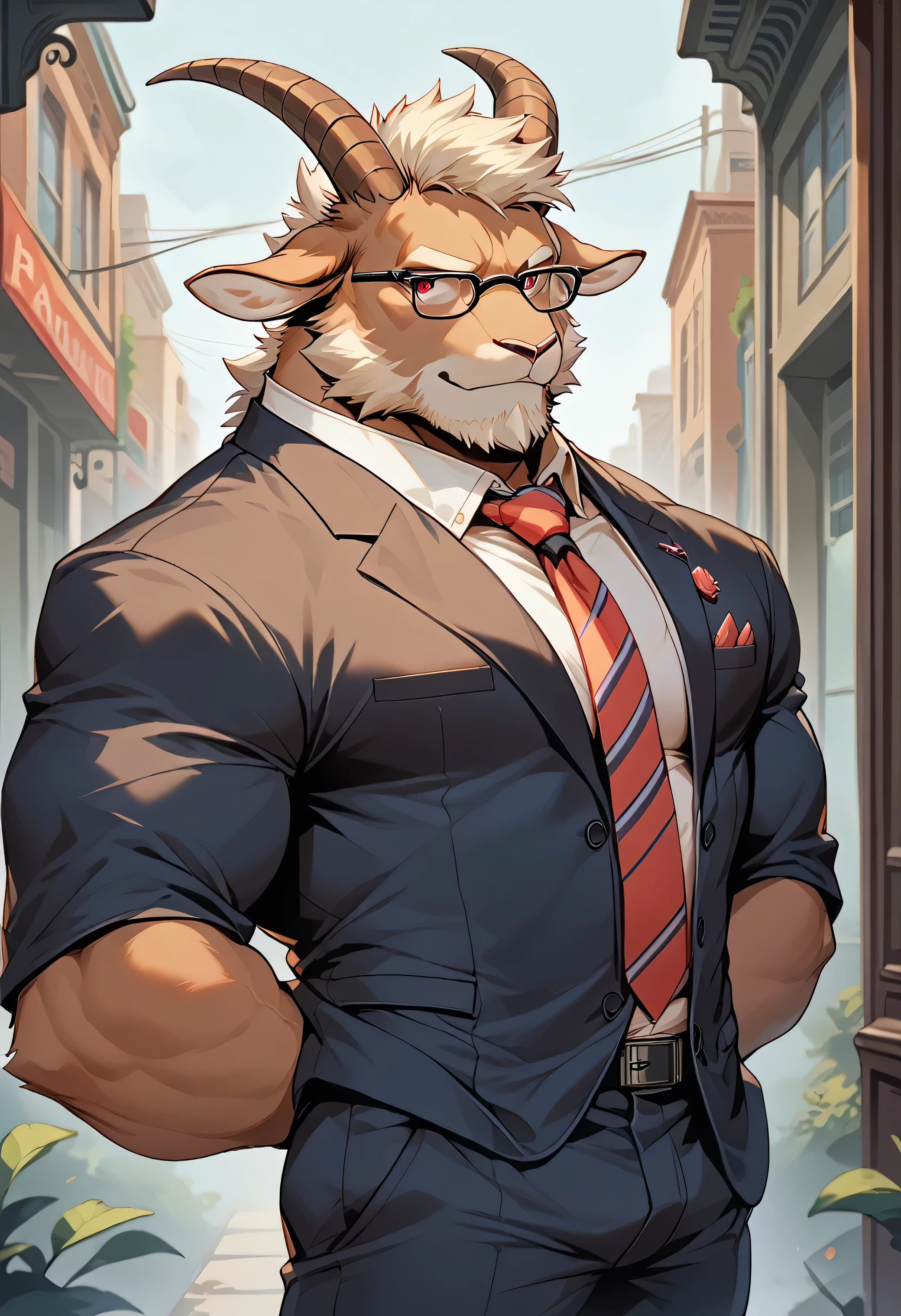 Cartoon style, 2d, Furry dark brown goat, goat horn, goat ear, goat tail, White quiff, Facial hair, Beard with mustache, White beard, White mustache, Thick white eyebrows, Scarlet red eyes, Scar on nose bridge, Fat muscular man, Fat, Muscular, Dad bod, Single, Focus on upper body, Suit, Tie, Glasses, Arms behind back, Looking straight ahead, Playful look, Mischievous smile, Staring forward, Bara, Best Quality, Good Quality,