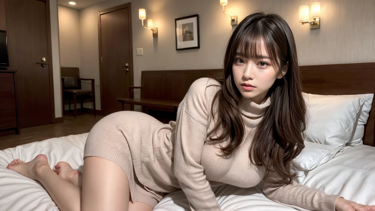 (detailed skin:1.2),(shiny skin:1.1),8k,best quality, masterpiece, ultra high res,(photorealistic:1.4), RAW photo,(soft saturation:1.3),(fair skin:1.2),(1girl,16yo),gyaru,(natural makeup),glamor, large breasts,brown hair and brown hair, medium hair, asymmetrical hair, wavy hair, asymmetrical bangs,put on boots,(black turtleneck sweater),bottomless,bed,