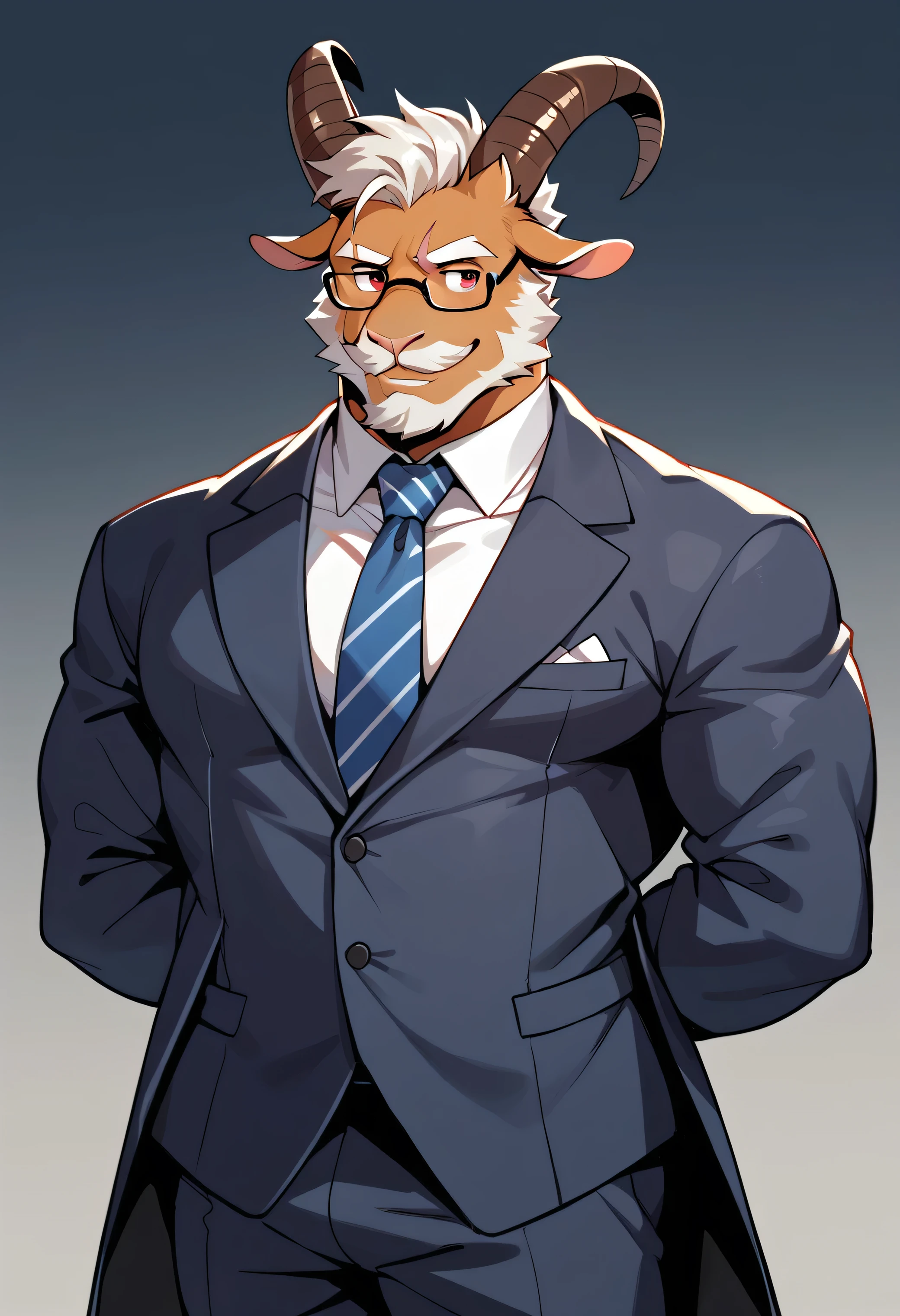 Cartoon style, 2d, Furry dark brown goat, goat horn, goat ear, goat tail, White quiff, Facial hair, Beard with mustache, White beard, White mustache, Thick white eyebrows, Scarlet red eyes, Scar on nose bridge, Fat muscular man, Fat, Muscular, Dad bod, Single, Focus on upper body, Suit, Tie, Glasses, Arms behind back, Looking straight ahead, Playful look, Mischievous smile, Staring forward, Bara, Best Quality, Good Quality
