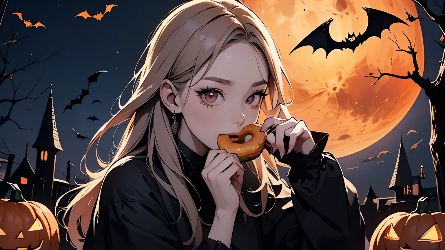 best quality, Red moonlit night,Horror, Big Bat Zombie Makeup , Halloween , jack-o-lantern, pumpkin、 There's a woman holding a plate with pastries on it, Pastel paintings inspired by Kim Jung Hee,  instagram, What is it?？, Mukbang, Round face, 30-year-old woman, 30-year-old woman,  She is about 30 years old ,  Pastel 。She is about 30 years old, Band Band Pan Face , Eating a donut