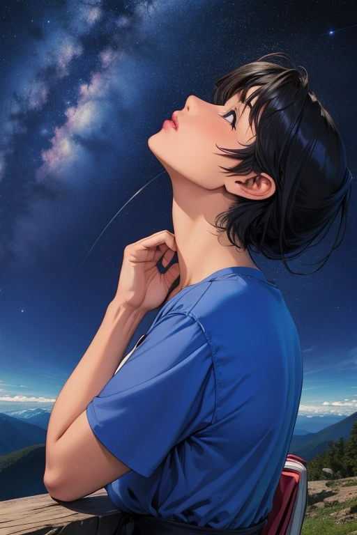 Mountain top、A girl looking up at the starry sky