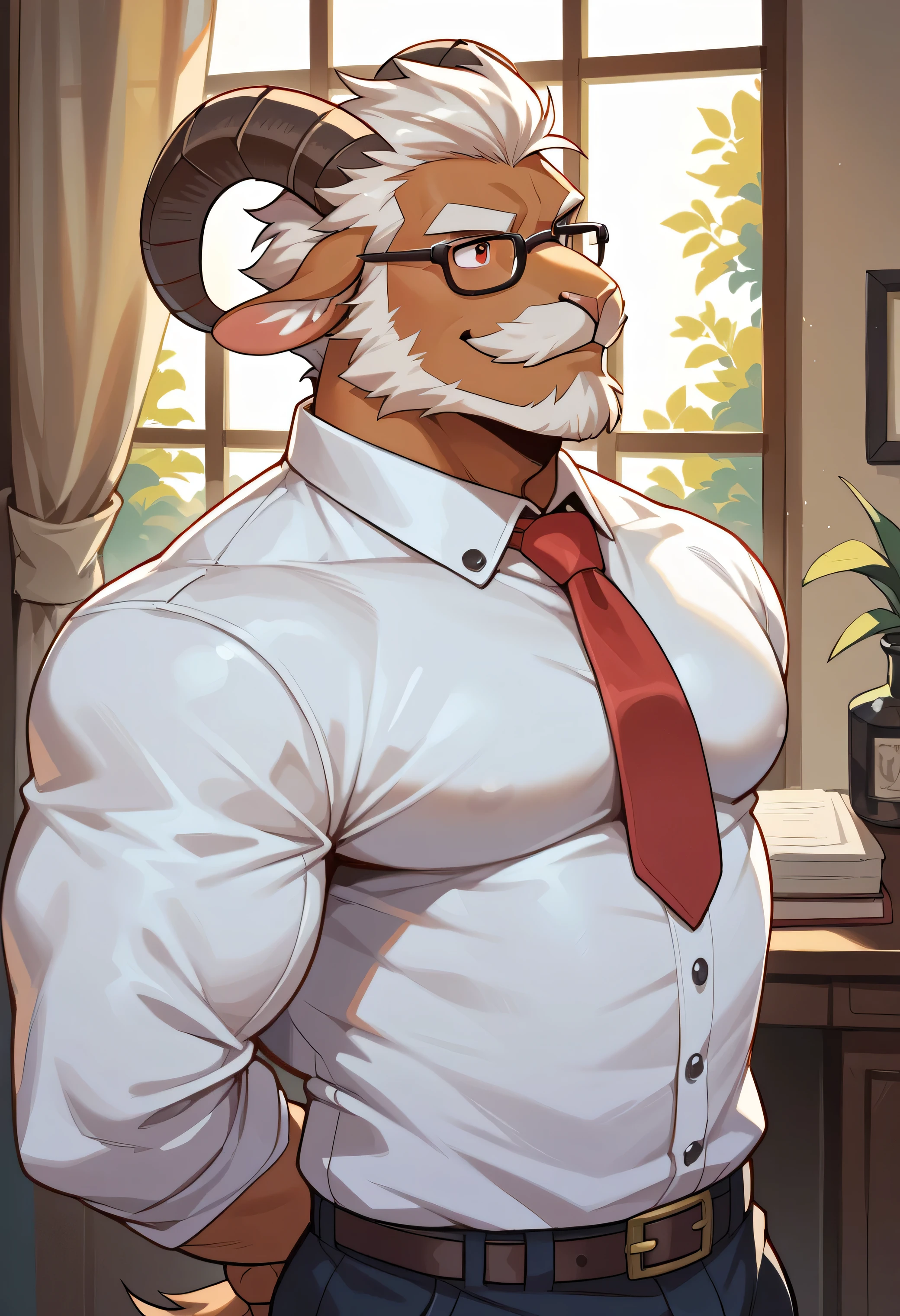Cartoon style, 2d, Furry dark brown goat, goat horn, goat ear, goat tail, White quiff, Facial hair, Beard with mustache, White beard, White mustache, Thick white eyebrows, Scarlet red eyes, Scar on nose bridge, Fat muscular man, Fat, Muscular, Dad bod, Single, Focus on upper body, Suit, Tie, Glasses, Arms behind back, Looking straight ahead, Playful look, Mischievous smile, Staring forward, Bara, Best Quality, Good Quality