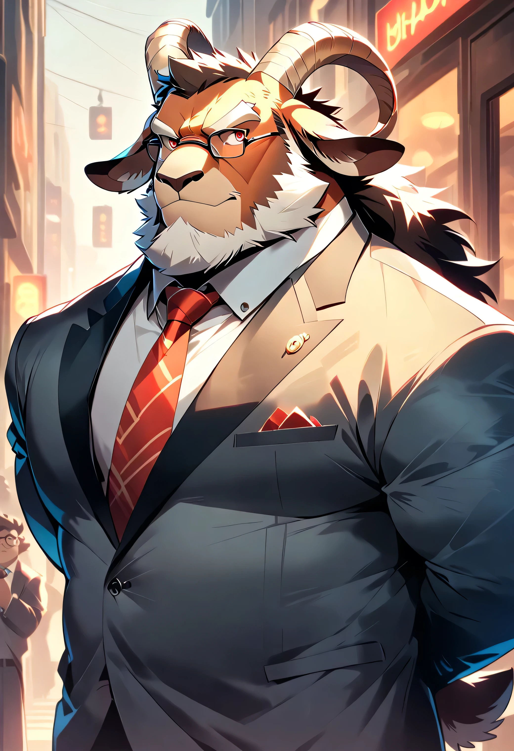 Cartoon style, 2d, Furry dark brown goat, goat horn, goat ear, goat tail, White quiff, Facial hair, Beard with mustache, White beard, White mustache, Thick white eyebrows, Scarlet red eyes, Scar on nose bridge, Fat muscular man, Fat, Muscular, Dad bod, Single, Focus on upper body, Suit, Tie, Glasses, Arms behind back, Looking straight ahead, Playful look, Mischievous smile, Staring forward, Bara, Best Quality, Good Quality