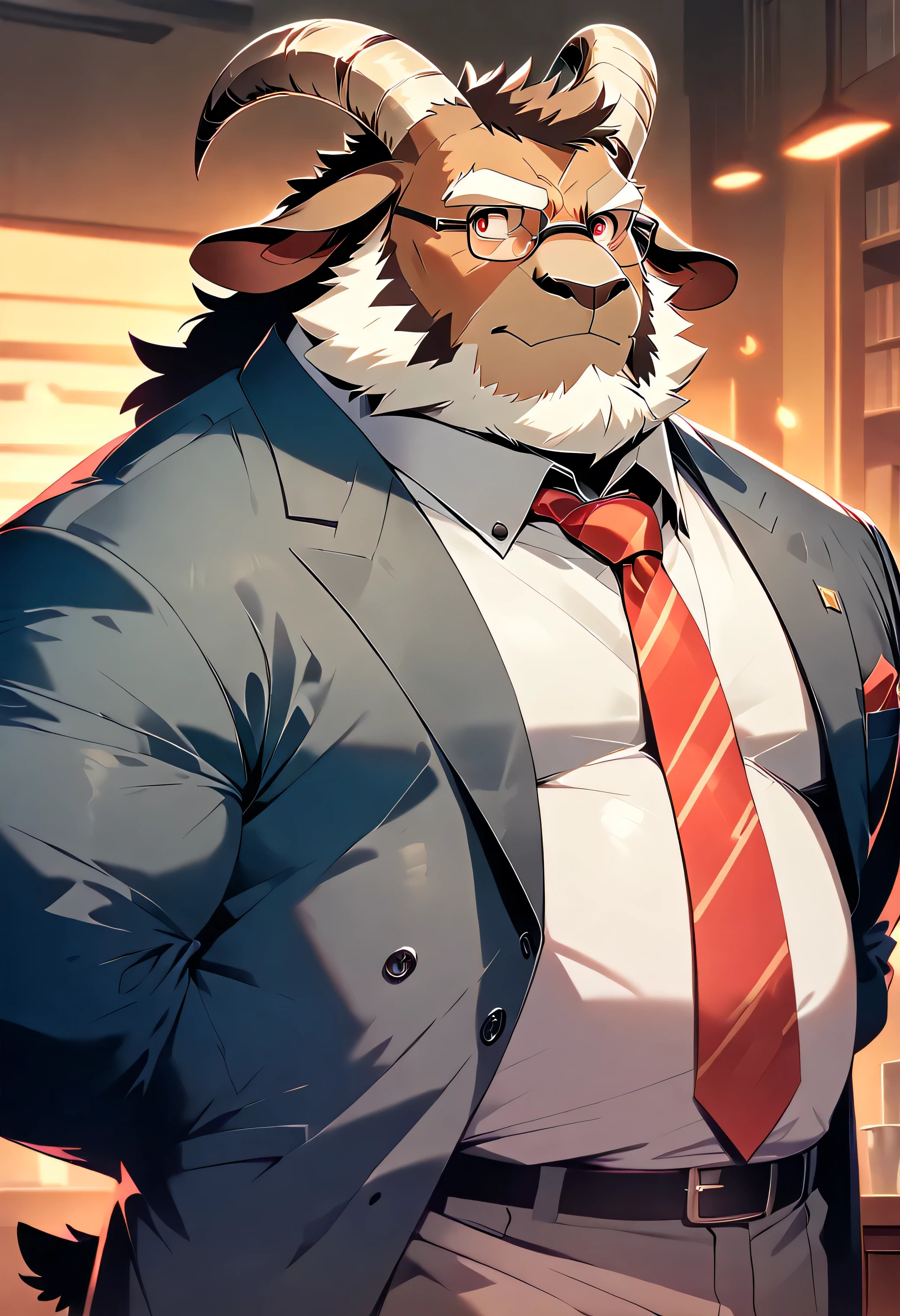 Cartoon style, 2d, Furry dark brown goat, goat horn, goat ear, goat tail, White quiff, Facial hair, Beard with mustache, White beard, White mustache, Thick white eyebrows, Scarlet red eyes, Scar on nose bridge, Fat muscular man, Fat, Muscular, Dad bod, Single, Focus on upper body, Suit, Tie, Glasses, Arms behind back, Looking straight ahead, Playful look, Mischievous smile, Staring forward, Bara, Best Quality, Good Quality