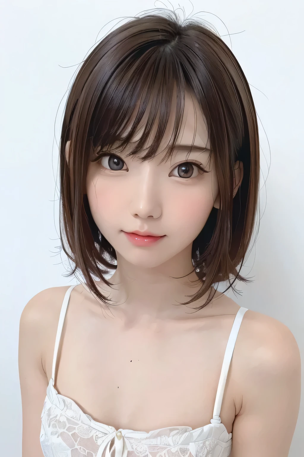 (masterpiece、Best Quality、 Super detailed description、 ultra high resolution)、( Portrait Shooting :1.3)、 girl、solo、((small chest))、cute、 idol face、 simple white background、Stand with your back against a wall