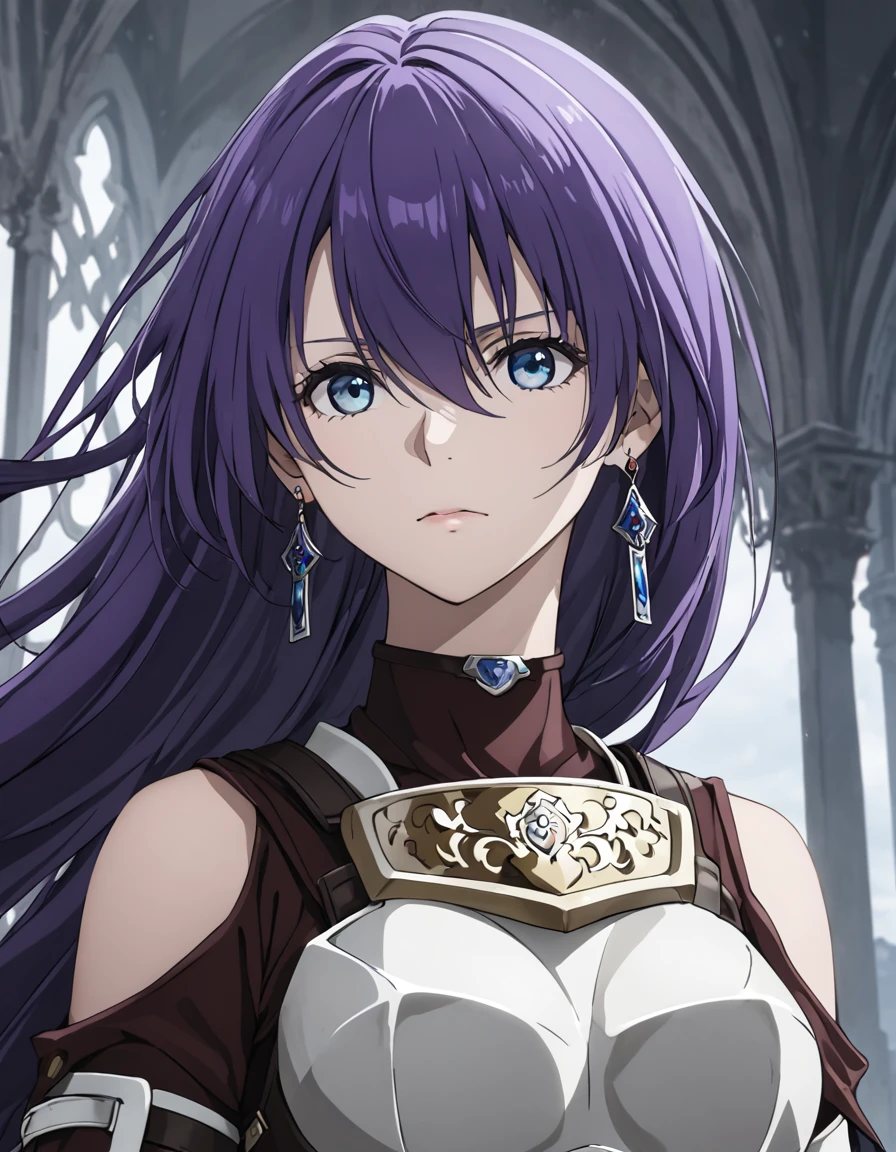  Arthur Pennsylvania、Long Hair、 blue eyes、 hair between eyes、非常にLong Hair、 purple hair、gloves、belt、armor、 garment cutout 、breastplate、Bare shoulders、 earrings for a woman alone、